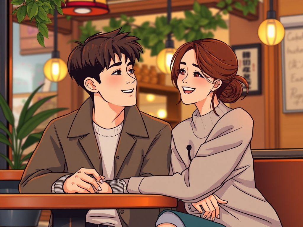 A Korean romance comic couple in a warm cafe